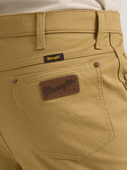 Wrangler 112361473 Mens Premium Performance Tough Comfort Cowboy Cut Slim Fit Canvas Jean Kelp back pocket close up. If you need any assistance with this item or the purchase of this item please call us at five six one seven four eight eight eight zero one Monday through Saturday 10:00a.m EST to 8:00 p.m EST

