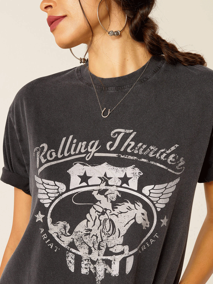 Ariat 10051274 Womens Rolling Thunder T-Shirt Black Acid Wash front view. If you need any assistance with this item or the purchase of this item please call us at five six one seven four eight eight eight zero one Monday through Saturday 10:00a.m EST to 8:00 p.m EST