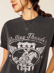 Ariat 10051274 Womens Rolling Thunder T-Shirt Black Acid Wash front close up view. If you need any assistance with this item or the purchase of this item please call us at five six one seven four eight eight eight zero one Monday through Saturday 10:00a.m EST to 8:00 p.m EST