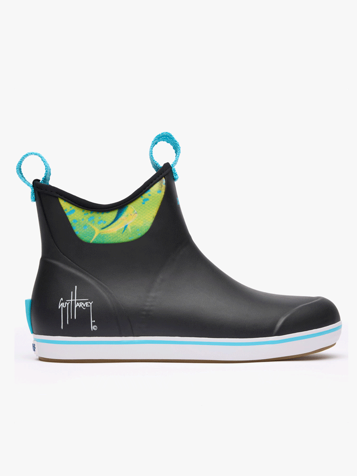 Xtratuf XMABGH00 Mens Ankle Deck Boot Guy Harvey Collection Black Mahi front and side view. If you need any assistance with this item or the purchase of this item please call us at five six one seven four eight eight eight zero one Monday through Saturday 10:00a.m EST to 8:00 p.m EST