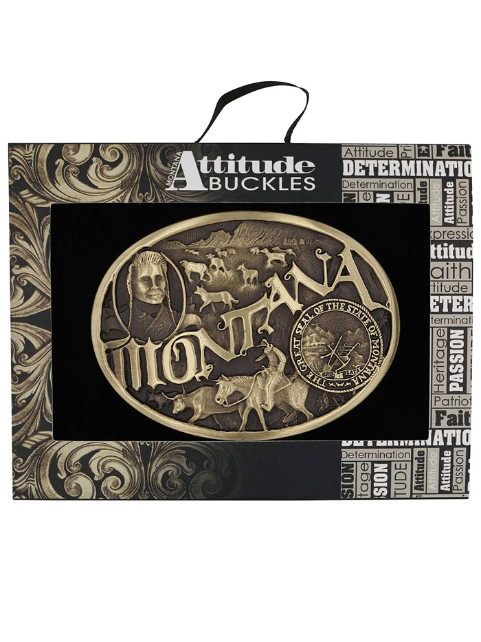 Montana Silversmiths 60811MTC Montana State Heritage Attitude Buckle Brass front. If you need any assistance with this item or the purchase of this item please call us at five six one seven four eight eight eight zero one Monday through Saturday 10:00a.m EST to 8:00 p.m EST