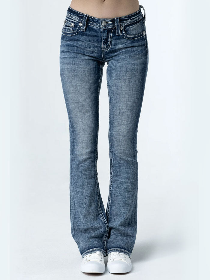 Miss Me M9272B Womens Mid Rise Subtle Star Horseshoe Bootcut Jeans Denim back view. If you need any assistance with this item or the purchase of this item please call us at five six one seven four eight eight eight zero one Monday through Saturday 10:00a.m EST to 8:00 p.m EST