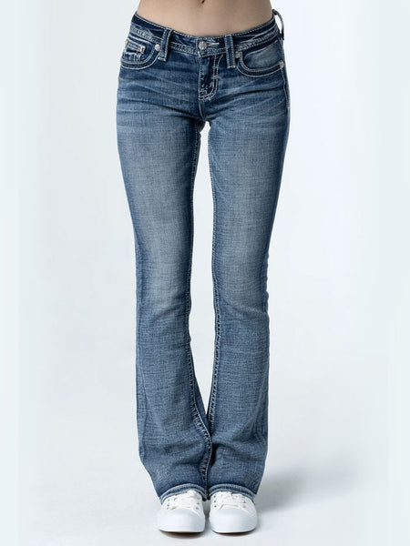 Miss Me M9272B Womens Mid Rise Subtle Star Horseshoe Bootcut Jeans Denim front view. If you need any assistance with this item or the purchase of this item please call us at five six one seven four eight eight eight zero one Monday through Saturday 10:00a.m EST to 8:00 p.m EST