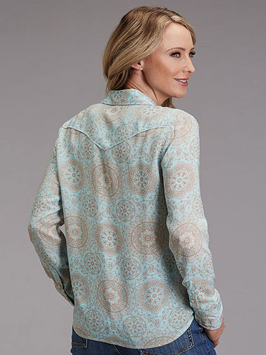 Stetson 11-050-0590-2014 Womens Mandala Print Western Blouse Light Blue back view. If you need any assistance with this item or the purchase of this item please call us at five six one seven four eight eight eight zero one Monday through Saturday 10:00a.m EST to 8:00 p.m EST