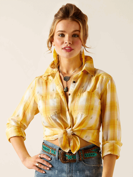 Ariat 10048991 Womens Billie Jean Long Sleeve Shirt Cactus Plaid Yellow front view. If you need any assistance with this item or the purchase of this item please call us at five six one seven four eight eight eight zero one Monday through Saturday 10:00a.m EST to 8:00 p.m EST