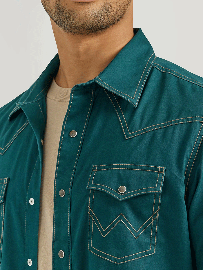 Wrangler 112352851 Mens Retro Premium Long Sleeve Shirt Deep Teal front view. If you need any assistance with this item or the purchase of this item please call us at five six one seven four eight eight eight zero one Monday through Saturday 10:00a.m EST to 8:00 p.m EST