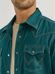 Wrangler 112352851 Mens Retro Premium Long Sleeve Shirt Deep Teal front close up view. If you need any assistance with this item or the purchase of this item please call us at five six one seven four eight eight eight zero one Monday through Saturday 10:00a.m EST to 8:00 p.m EST