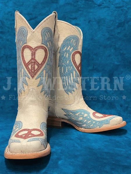 Corral T0147 Teen Glitter Heart And Wings Square Toe Boot White front and side view pair. If you need any assistance with this item or the purchase of this item please call us at five six one seven four eight eight eight zero one Monday through Saturday 10:00a.m EST to 8:00 p.m EST