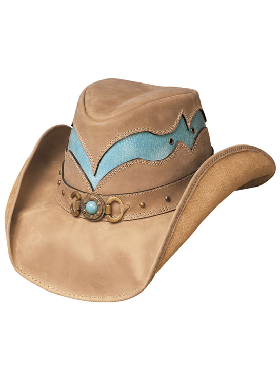 Bullhide CASCADE RANGE 4018CT Western Leather Hat Camel Tan Turquoise side / front view. If you need any assistance with this item or the purchase of this item please call us at five six one seven four eight eight eight zero one Monday through Saturday 10:00a.m EST to 8:00 p.m EST