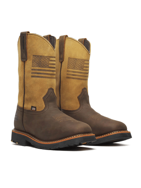 Thorogood 814-4338 Mens Square Toe Waterproof Western Work Boot Crazy Horse Brown front and side view of pair. If you need any assistance with this item or the purchase of this item please call us at five six one seven four eight eight eight zero one Monday through Saturday 10:00a.m EST to 8:00 p.m EST