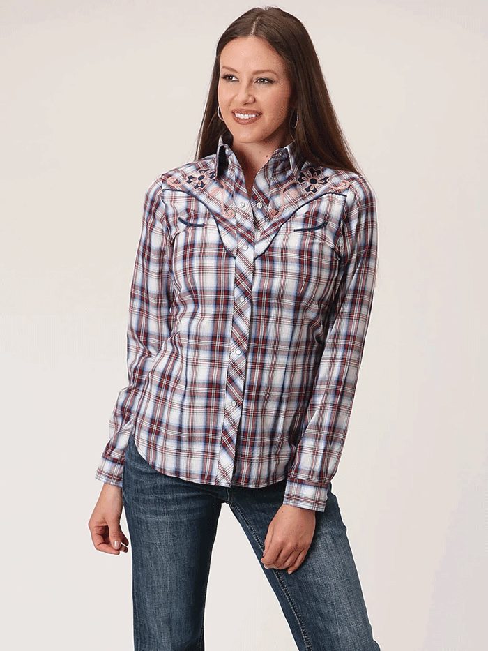 Roper 01-050-0024-2005 Womens Plaid Long Sleeve Western Shirt Wine front view. If you need any assistance with this item or the purchase of this item please call us at five six one seven four eight eight eight zero one Monday through Saturday 10:00a.m EST to 8:00 p.m EST