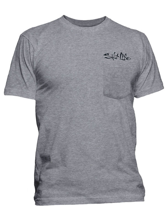 Salt Life SLM11001 Mens Chasing Lobster Tail Short Sleeve Pocket Tee Athletic Heather Grey back view. If you need any assistance with this item or the purchase of this item please call us at five six one seven four eight eight eight zero one Monday through Saturday 10:00a.m EST to 8:00 p.m EST