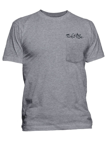 Salt Life SLM11001 Mens Chasing Lobster Tail Short Sleeve Pocket Tee Athletic Heather Grey front view. If you need any assistance with this item or the purchase of this item please call us at five six one seven four eight eight eight zero one Monday through Saturday 10:00a.m EST to 8:00 p.m EST