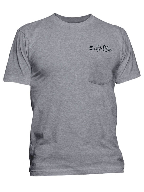 Salt Life SLM11001 Mens Chasing Lobster Tail Short Sleeve Pocket Tee Athletic Heather Grey front view. If you need any assistance with this item or the purchase of this item please call us at five six one seven four eight eight eight zero one Monday through Saturday 10:00a.m EST to 8:00 p.m EST