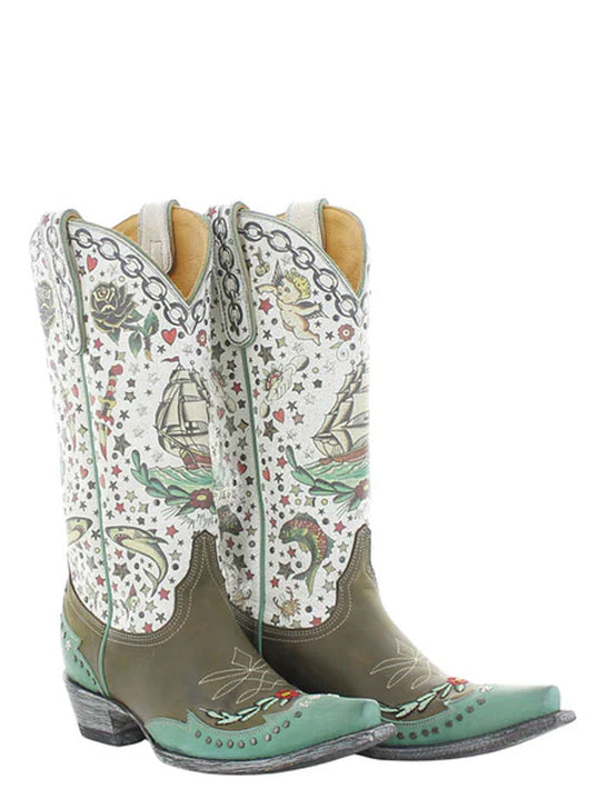 Old Gringo L4072-4 Womens MARINA Leather Boot Olive side / front view. If you need any assistance with this item or the purchase of this item please call us at five six one seven four eight eight eight zero one Monday through Saturday 10:00a.m EST to 8:00 p.m EST