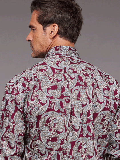 Stetson 11-001-0526-5026 Mens Long Sleeve Paisley Print Western Shirt Wine front view. If you need any assistance with this item or the purchase of this item please call us at five six one seven four eight eight eight zero one Monday through Saturday 10:00a.m EST to 8:00 p.m EST