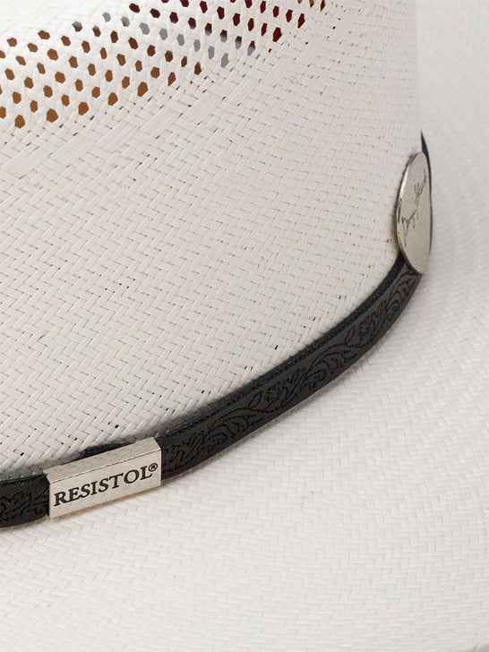 Resistol RSRNRD-304281 RANCH ROAD George Strait Collection 10X Straw Hat Natural hat band close up. If you need any assistance with this item or the purchase of this item please call us at five six one seven four eight eight eight zero one Monday through Saturday 10:00a.m EST to 8:00 p.m EST