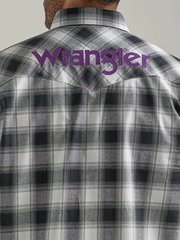 Wrangler 112327777 Mens Logo Long Sleeve Snap Plaid Shirt Black White Buffalo back view close up. If you need any assistance with this item or the purchase of this item please call us at five six one seven four eight eight eight zero one Monday through Saturday 10:00a.m EST to 8:00 p.m EST
