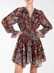 Miss Me MD1815L Womens Paisley Print Chiffon Peasant Mini Dress Brown front view. If you need any assistance with this item or the purchase of this item please call us at five six one seven four eight eight eight zero one Monday through Saturday 10:00a.m EST to 8:00 p.m EST