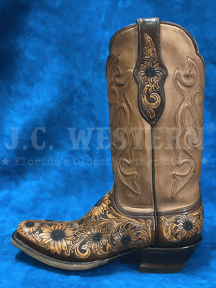 Black Jack LHT-1812-V4 Womens Handtooled Sunflowers Boot Chocolate Antique Tan front-side view. If you need any assistance with this item or the purchase of this item please call us at five six one seven four eight eight eight zero one Monday through Saturday 10:00a.m EST to 8:00 p.m EST