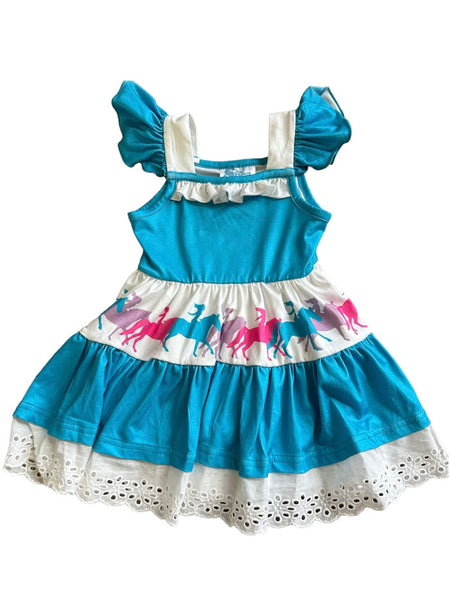 Shea Baby FSD02 Infants Free Spirit Ruffle Dress Teal front view. If you need any assistance with this item or the purchase of this item please call us at five six one seven four eight eight eight zero one Monday through Saturday 10:00a.m EST to 8:00 p.m EST