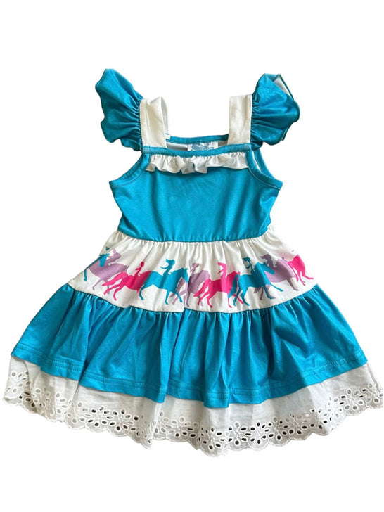 Shea Baby FSD02 Infants Free Spirit Ruffle Dress Teal front view. If you need any assistance with this item or the purchase of this item please call us at five six one seven four eight eight eight zero one Monday through Saturday 10:00a.m EST to 8:00 p.m EST