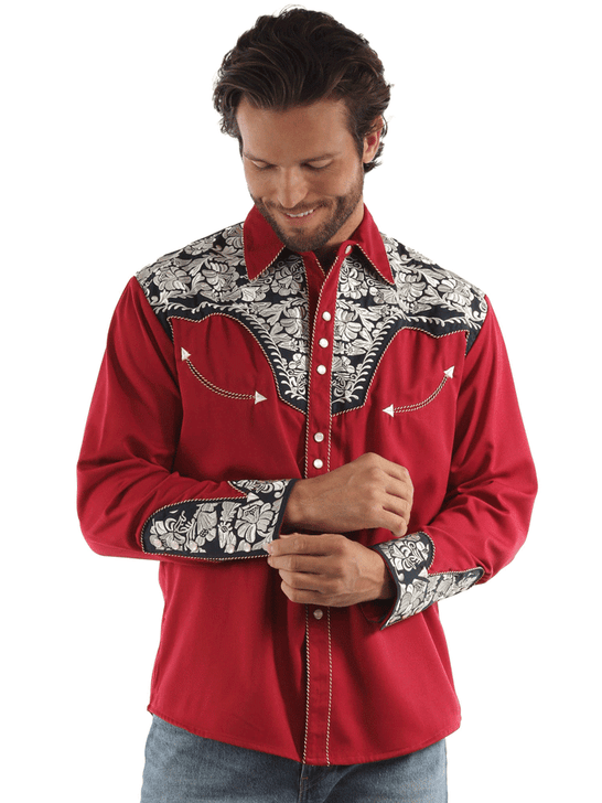 Scully P-634-RWB Mens Floral Tooled Embroidery Western Shirt Red front. If you need any assistance with this item or the purchase of this item please call us at five six one seven four eight eight eight zero one Monday through Saturday 10:00a.m EST to 8:00 p.m EST