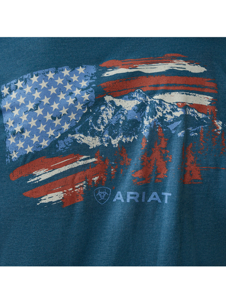 Ariat 10045279 Mens Mountain Flag T-Shirt Steel Blue Heather close up of design on back . If you need any assistance with this item or the purchase of this item please call us at five six one seven four eight eight eight zero one Monday through Saturday 10:00a.m EST to 8:00 p.m EST