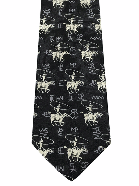 Rockmount 467-BLK Mens Roper And Brands Western Silk Tie Black tip close up view. If you need any assistance with this item or the purchase of this item please call us at five six one seven four eight eight eight zero one Monday through Saturday 10:00a.m EST to 8:00 p.m EST