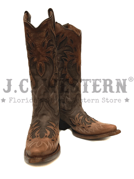Circle G L6031 Ladies Overlay & Embroidery Boot Chocolate front and side view. If you need any assistance with this item or the purchase of this item please call us at five six one seven four eight eight eight zero one Monday through Saturday 10:00a.m EST to 8:00 p.m EST