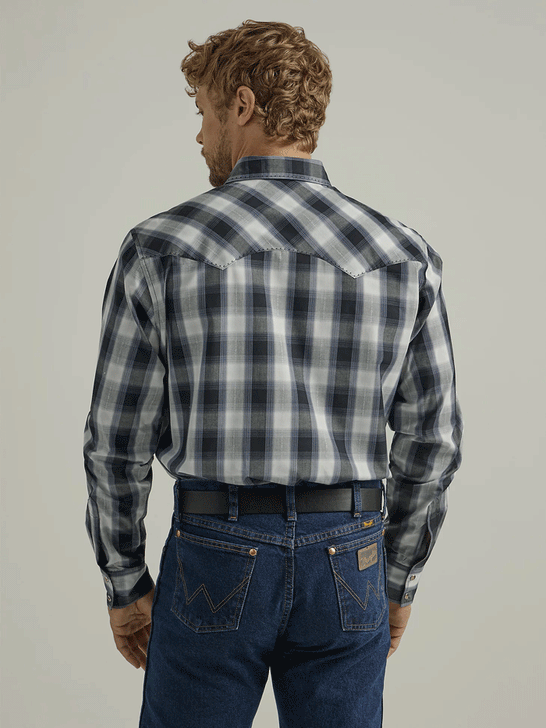 Wrangler 112330511 Mens Long Sleeve Fashion Western Snap Plaid Shirt Grisaille back view. If you need any assistance with this item or the purchase of this item please call us at five six one seven four eight eight eight zero one Monday through Saturday 10:00a.m EST to 8:00 p.m EST