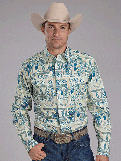 Roper 03-001-0064-0246 Mens Long Sleeve Tropical Resort Print Western Shirt Blue front view. If you need any assistance with this item or the purchase of this item please call us at five six one seven four eight eight eight zero one Monday through Saturday 10:00a.m EST to 8:00 p.m EST