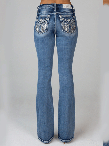 Mid Rise Embroidered Lucky Horse Shoe Pocket Bootcut Jeans