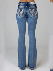 Miss Me M5082B144 Womens Wing Mid Rise Bootcut Jeans Medium Blue full back view. If you need any assistance with this item or the purchase of this item please call us at five six one seven four eight eight eight zero one Monday through Saturday 10:00a.m EST to 8:00 p.m EST