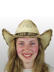 Dallas Hats HORSE SHOE 1 Hand Braided Straw Hat Natural front view on model. If you need any assistance with this item or the purchase of this item please call us at five six one seven four eight eight eight zero one Monday through Saturday 10:00a.m EST to 8:00 p.m EST