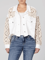 Miss Me MJ0789L-A Womens Crochet Eyelet Jacket White Ivory front view. If you need any assistance with this item or the purchase of this item please call us at five six one seven four eight eight eight zero one Monday through Saturday 10:00a.m EST to 8:00 p.m EST

