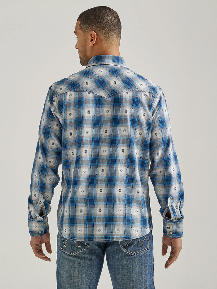 Wrangler 112338151 Mens Retro Long Sleeve Shirt Blue Geo Overprint front view. If you need any assistance with this item or the purchase of this item please call us at five six one seven four eight eight eight zero one Monday through Saturday 10:00a.m EST to 8:00 p.m EST