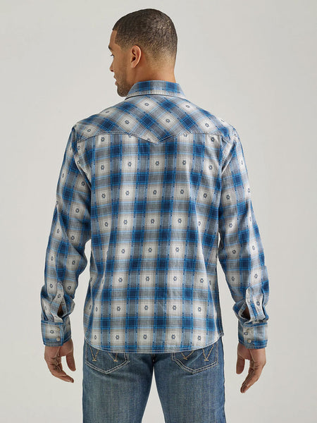 Wrangler 112338151 Mens Retro Long Sleeve Shirt Blue Geo Overprint back view. If you need any assistance with this item or the purchase of this item please call us at five six one seven four eight eight eight zero one Monday through Saturday 10:00a.m EST to 8:00 p.m EST