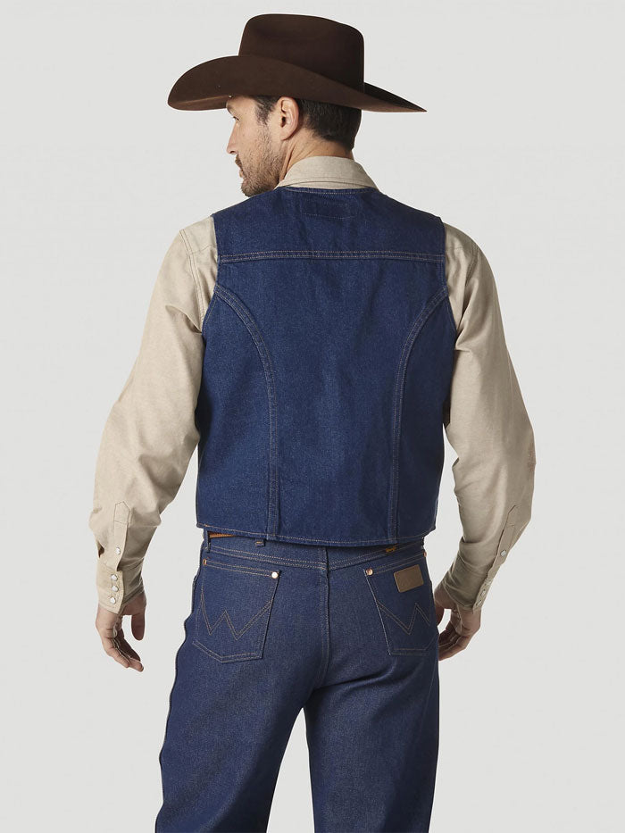 Wrangler 74130PW Mens Unlined Denim Western Vest Prewashed front view. If you need any assistance with this item or the purchase of this item please call us at five six one seven four eight eight eight zero one Monday through Saturday 10:00a.m EST to 8:00 p.m EST