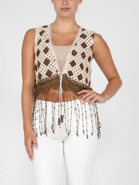 Miss Me MJ0652L Womens All Over Crochet Cropped Fringe Vest Beige front view. If you need any assistance with this item or the purchase of this item please call us at five six one seven four eight eight eight zero one Monday through Saturday 10:00a.m EST to 8:00 p.m EST