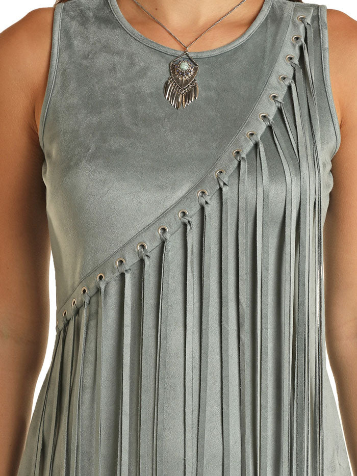 Rock & Roll Denim BWD0R03263-JD Womens Asymmetrical Fringe Dress Jade front view. If you need any assistance with this item or the purchase of this item please call us at five six one seven four eight eight eight zero one Monday through Saturday 10:00a.m EST to 8:00 p.m EST