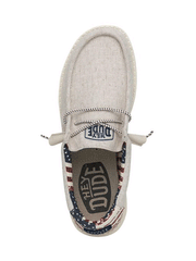 Hey Dude 40001-1K1 Mens Wally Patriotic Shoe Off White top view from above. If you need any assistance with this item or the purchase of this item please call us at five six one seven four eight eight eight zero one Monday through Saturday 10:00a.m EST to 8:00 p.m EST