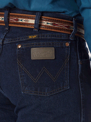 Wrangler 13MWZDD Mens Cowboy Cut Regular Fit Jeans Dark Stone back close up. If you need any assistance with this item or the purchase of this item please call us at five six one seven four eight eight eight zero one Monday through Saturday 10:00a.m EST to 8:00 p.m EST