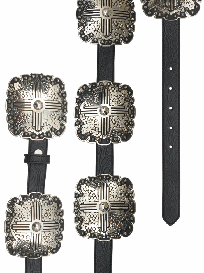 Angel Ranch DA3660 Ladies Silver Floral Square Concho Belt Black front view. If you need any assistance with this item or the purchase of this item please call us at five six one seven four eight eight eight zero one Monday through Saturday 10:00a.m EST to 8:00 p.m EST