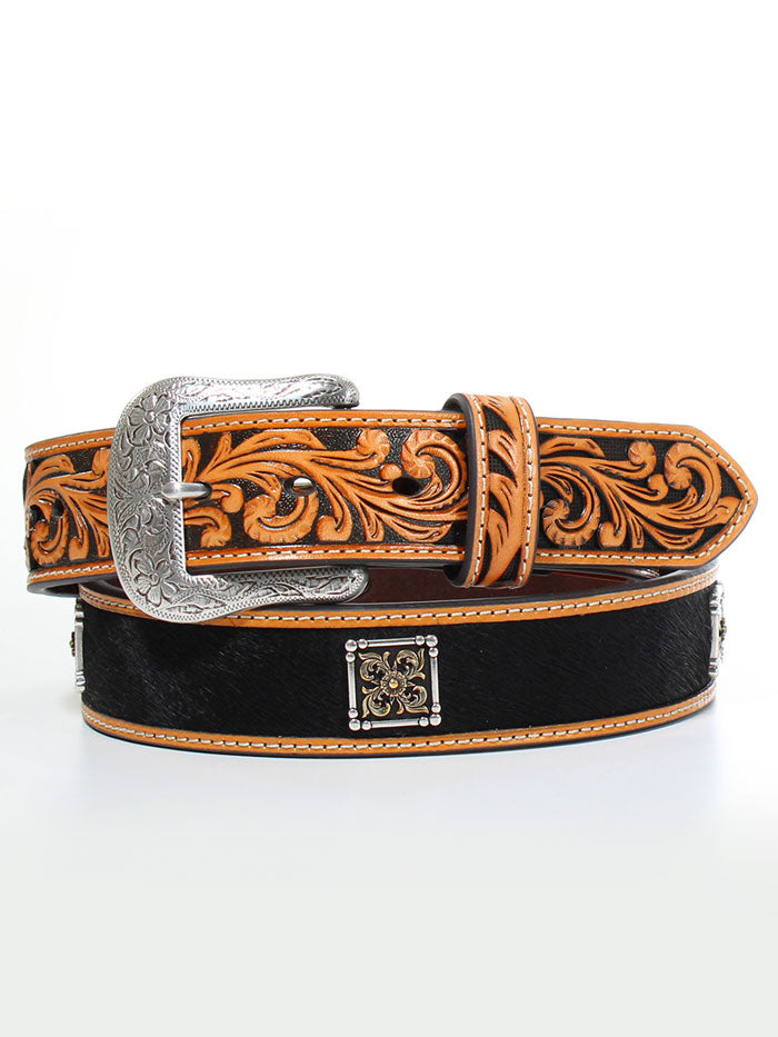 Nocona N210006101 Concho Tooled Floral Belt Black front view. If you need any assistance with this item or the purchase of this item please call us at five six one seven four eight eight eight zero one Monday through Saturday 10:00a.m EST to 8:00 p.m EST