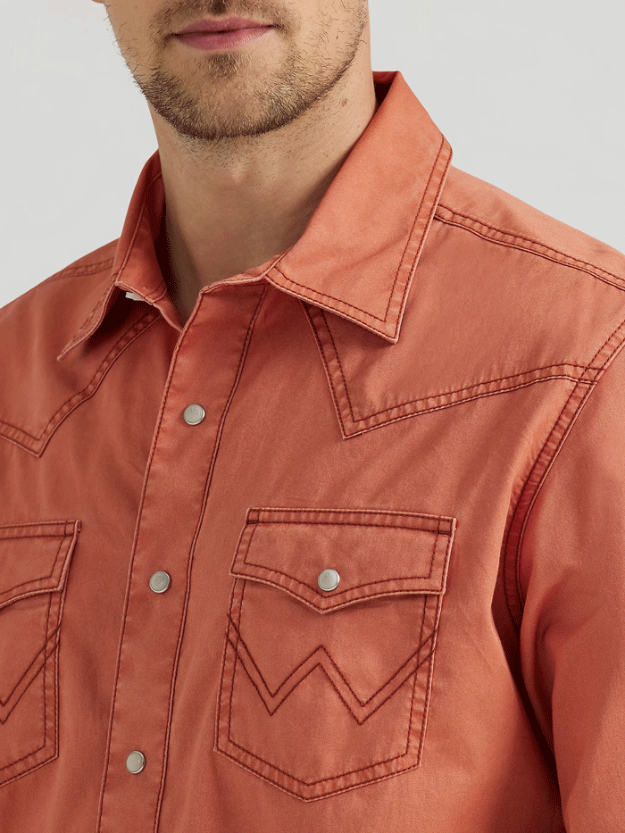 Wrangler 112356596 Mens Retro Long Sleeve Shirt Rust front. If you need any assistance with this item or the purchase of this item please call us at five six one seven four eight eight eight zero one Monday through Saturday 10:00a.m EST to 8:00 p.m EST