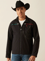 Ariat 10054234 Mens Pioneer StretchShell Mexico Jacket Black front. If you need any assistance with this item or the purchase of this item please call us at five six one seven four eight eight eight zero one Monday through Saturday 10:00a.m EST to 8:00 p.m EST

