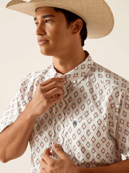 Ariat 10048372 Mens Terrance Classic Fit Shirt White close up of front. If you need any assistance with this item or the purchase of this item please call us at five six one seven four eight eight eight zero one Monday through Saturday 10:00a.m EST to 8:00 p.m EST