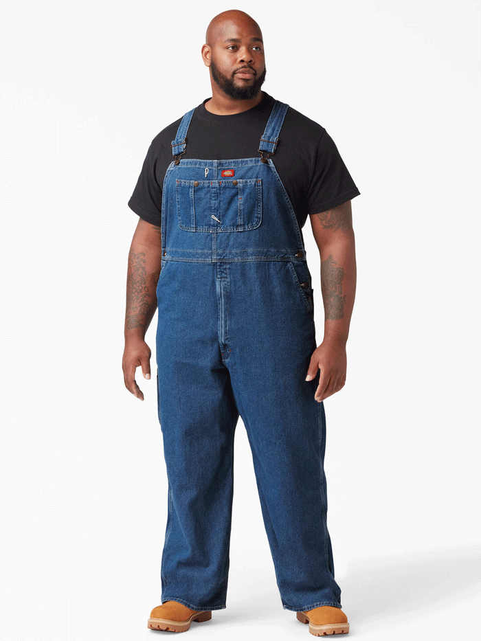 Dickies 8396SNB Mens Bib Overall Indigo Stone Washed front view regular. If you need any assistance with this item or the purchase of this item please call us at five six one seven four eight eight eight zero one Monday through Saturday 10:00a.m EST to 8:00 p.m EST