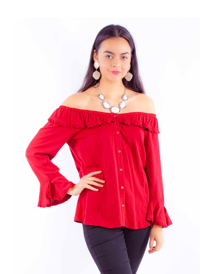 Scully HC579-RED Womens Off The Shoulder Top Red front view. If you need any assistance with this item or the purchase of this item please call us at five six one seven four eight eight eight zero one Monday through Saturday 10:00a.m EST to 8:00 p.m EST